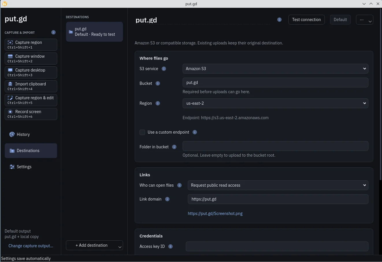 The Destinations page on KDE Plasma: an S3 bucket with region, endpoint, link domain and access policy.